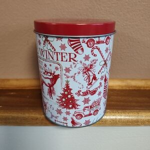 Christmas Tin With Poinsettia Design - 4" Diameter By 5" Tall